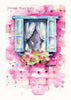 blue window watercolour painting, pink wall, flowers