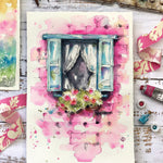 blue window watercolour painting, pink wall, flowers