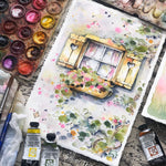 watercolour window painting with flowers, swiss window, pink flowers, window shutters