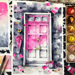 watercolour painting pink doorway, black wall, architecture