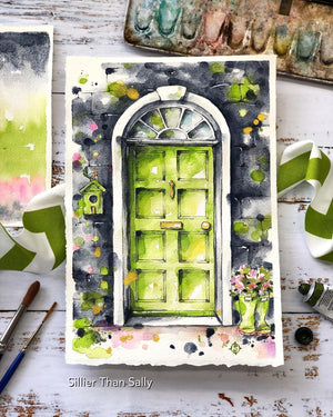 green doorway painting, watercolour, brick wall, gumboots