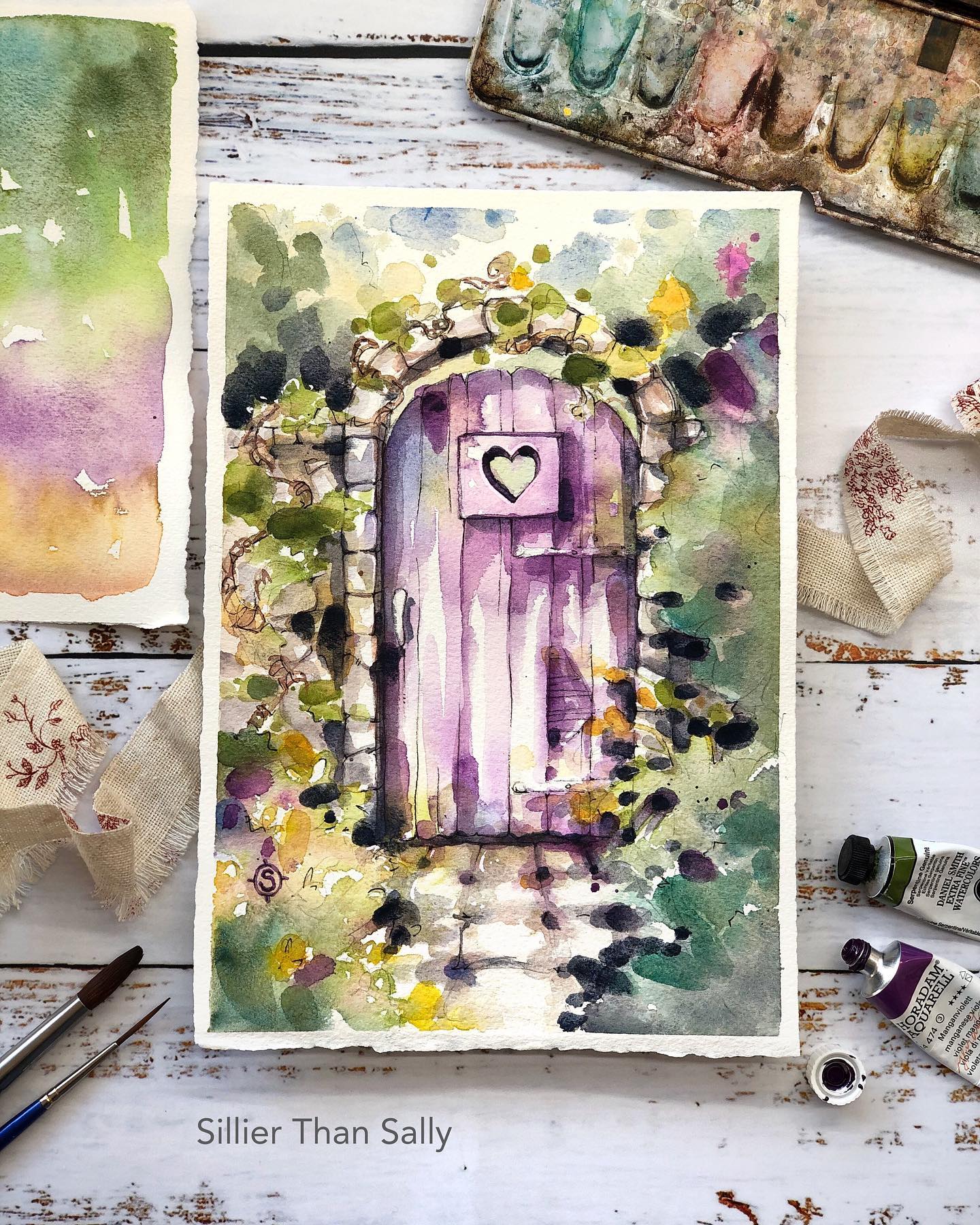 watercolour painting purple arched doorway, garden gate, flowers, architecture