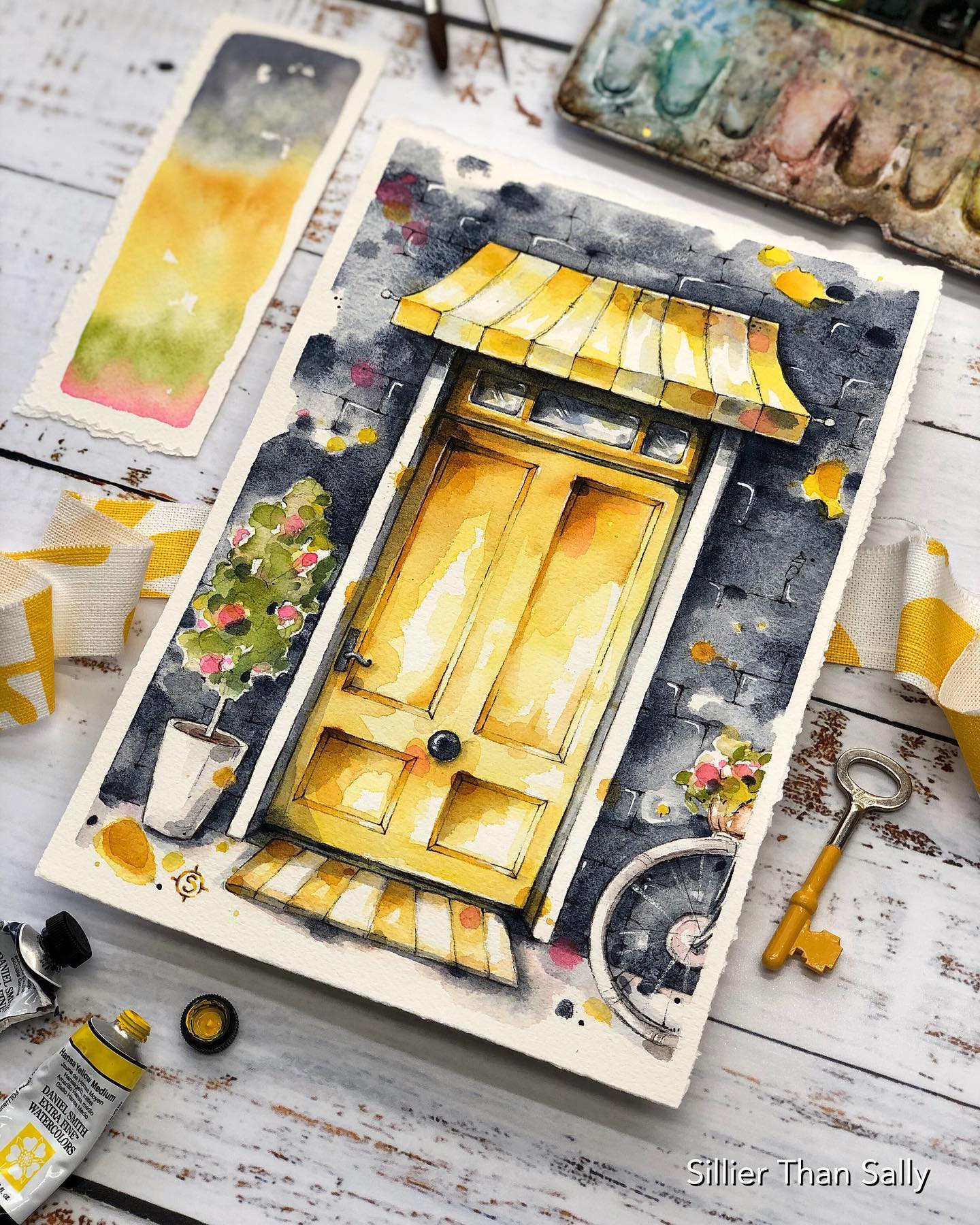 bright yellow doorway watercolour painting, awning, flowers, brick wall
