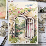 garden path, archway, gate, flowers, secret garden, watercolour painting