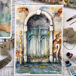 watercolour painting blue arched doorway, brick wall, architecture