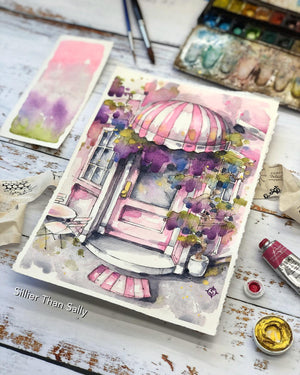 watercolour painting pink doorway, pink striped awning, flowers, architecture