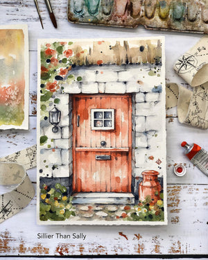 watercolour painting red barn doorway, brick wall, flowers, architecture
