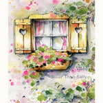 watercolour window painting with flowers, swiss window, pink flowers, window shutters