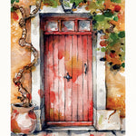 red doorway painting, architecture, tree