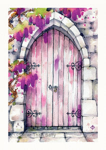 watercolour purple church door painting, flowers, brick wall, architecture