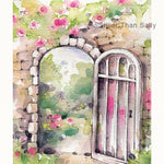 garden path, archway, gate, flowers, secret garden, watercolour painting