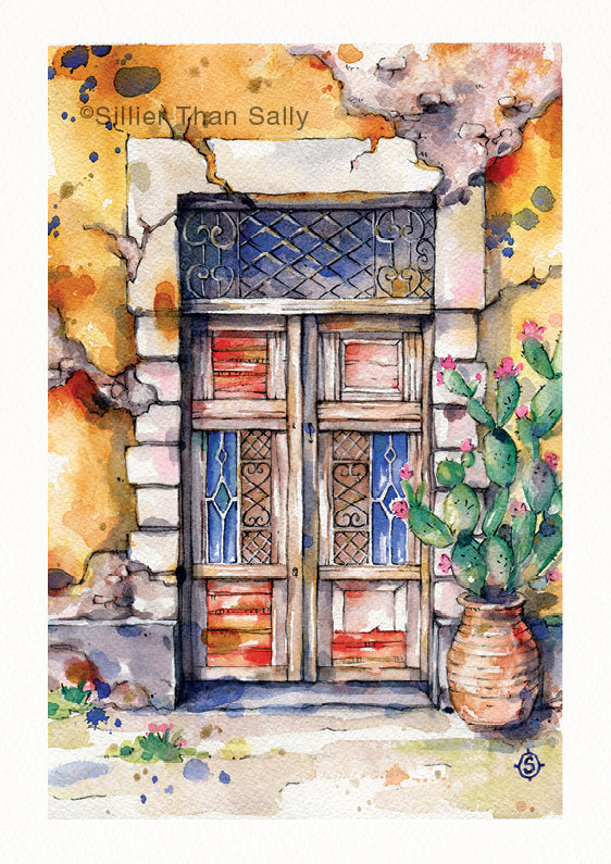 colourful mexican style watercolour doorway painting, red blue door, yellow wall, cactus