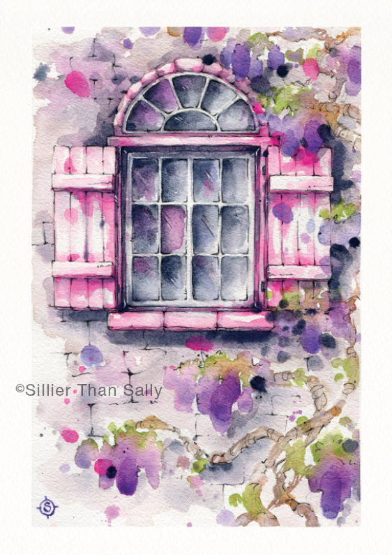 pink shutter window watercolour painting, arch window, flowers, brick wall