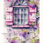 pink shutter window watercolour painting, arch window, flowers, brick wall
