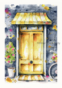 bright yellow doorway watercolour painting, awning, flowers, brick wall
