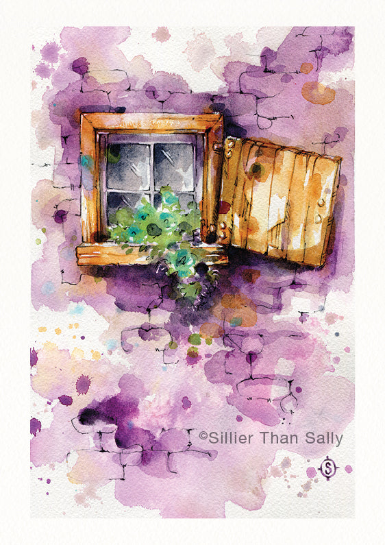 wooden shutter window watercolour painting, purple wall, flowers