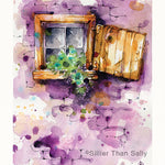 wooden shutter window watercolour painting, purple wall, flowers