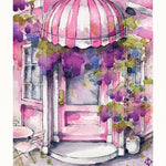 watercolour painting pink doorway, pink striped awning, flowers, architecture