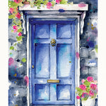 watercolour painting blue doorway, flowers, architecture