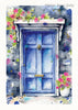 watercolour painting blue doorway, flowers, architecture