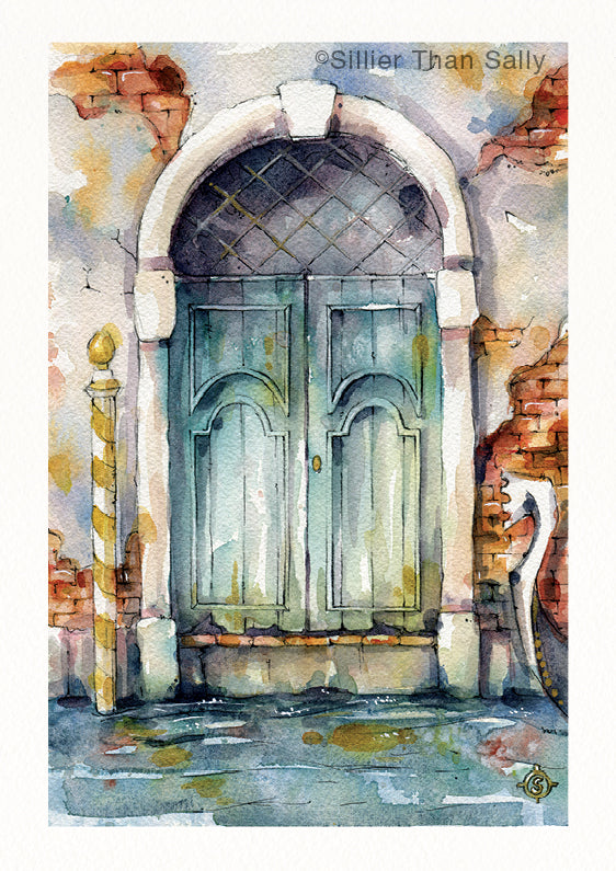 watercolour painting blue arched doorway, brick wall, architecture
