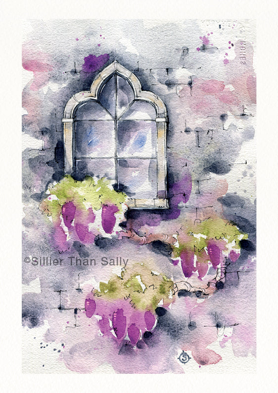 watercolour painting art deco window, purple flowers, brick wall, architecture