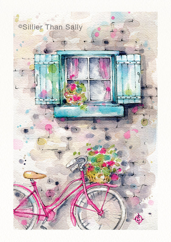 watercolour painting turquoise window, pink bike, flowers, architecture