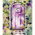 watercolour painting purple arched doorway, garden gate, flowers, architecture