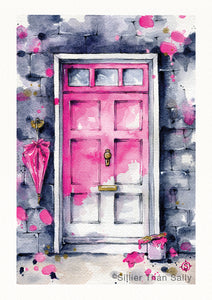 watercolour painting pink doorway, black wall, architecture