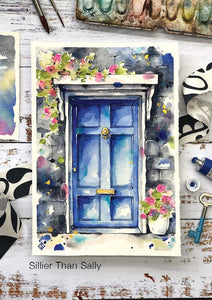 blue door, flowers, watercolour painting, doorway, watercolor