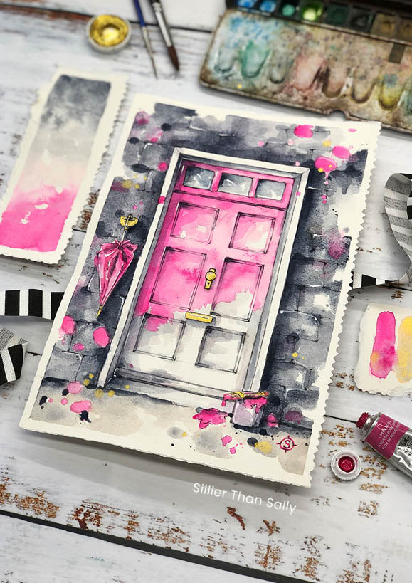 pink door, doorway, watercolour painting, watercolor
