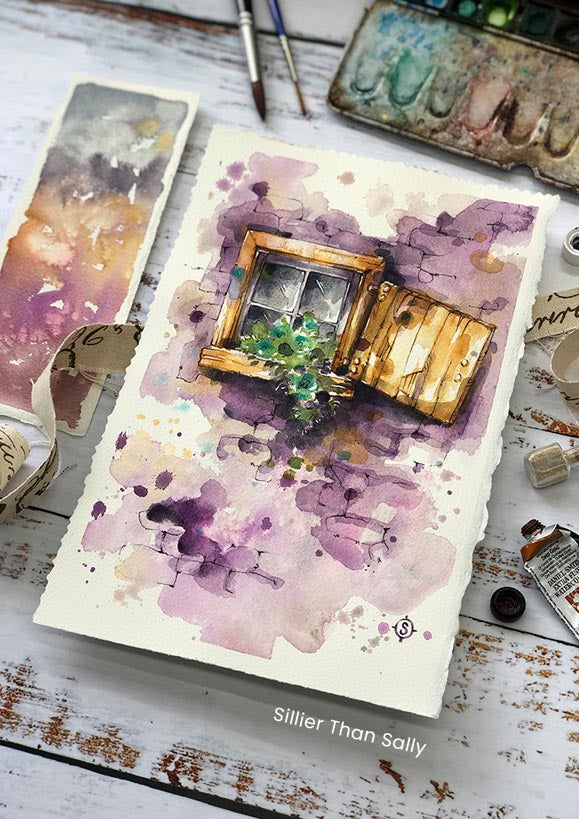 purple house, window, flowers, watercolour painting, watercolor