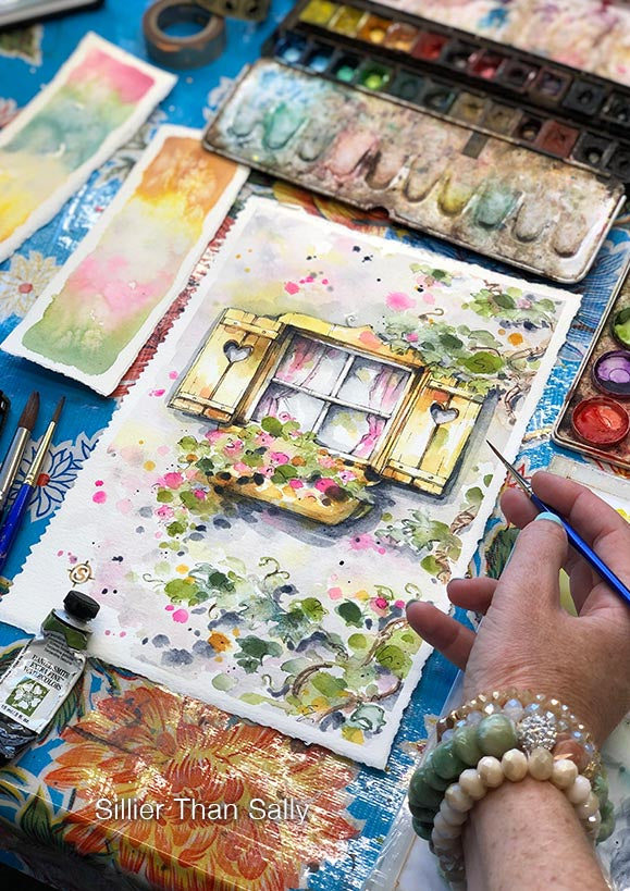 watercolour art, watercolor, painting, window, flowers, yellow window, 