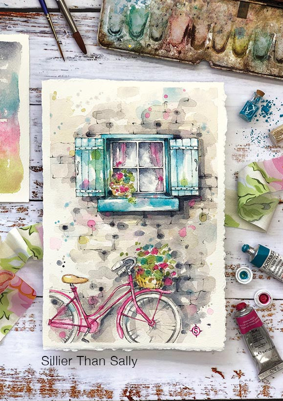 pink bike, flowers, turquoise window, watercolour painting, watercolor
