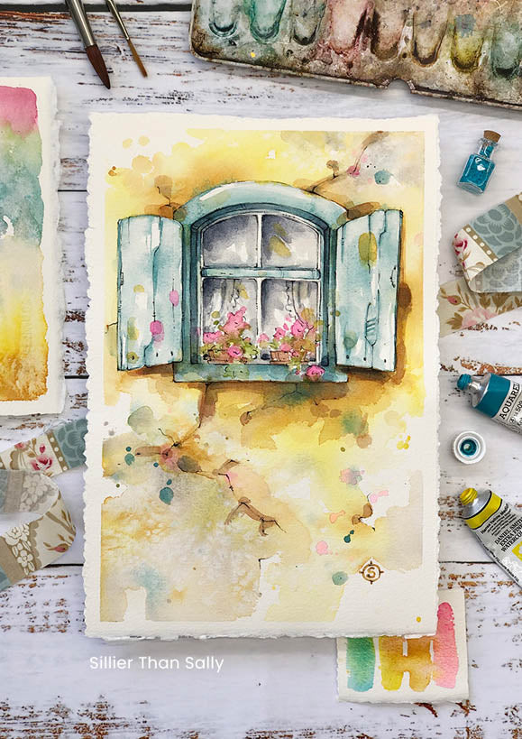 blue window, window, flowers, yellow house, watercolour painting, watercolor