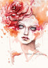 Portrait, female, beautiful, ethereal, boho, red hair, flowers, flowers in hair, fashion painting, fashion illustration, woman, fine art australia, art prints, australia, wall art australia, wall art, fine art, prints, watercolour prints, watercolor prints, inspirational art prints, art print, australian art, watercolour art, australian artist, sydney artist, emotion filled art, expressive watercolor art, watercolour painting
